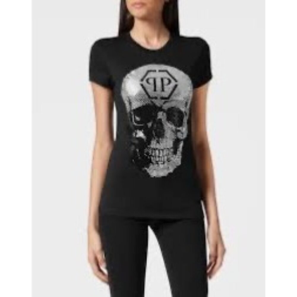 Philipp Plein Women's Embellished Rhinestone Sz M Black‎ T-shirt Made in Italy